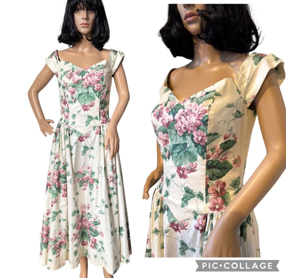 Vintage romantic floral pink Hydrindra off shoulder formal dress size small